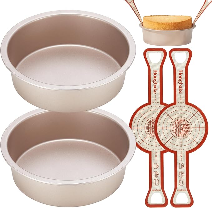 HONGBAKE 8 Inch Round Cake Pan Set for Baking with 2 Pcs Silicone Baking Sling Mats, Nonstick Circle Cake Pans Set of 2, 2.5" Deeper Layer Cake Tin for Oven, Cheesecake Mold, Huty Duty, Golden