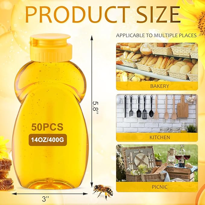 Mifoci 50 Pack 14 oz Clear Plastic Honey Jar with Lids Containers in Bulk Refillable Condiment Squeeze for Easy Storing and Dispensing