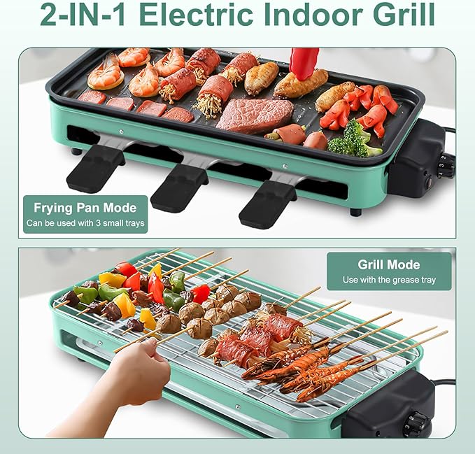 1500W Electric Indoor Grill,2 in 1 Smokeless Indoor Grills,Portable Korean BBQ Raclette Table Grill for Kitchen with Net & Non-Stick Cooking Removable Plate 5 Temperature Control,Dishwasher Safe