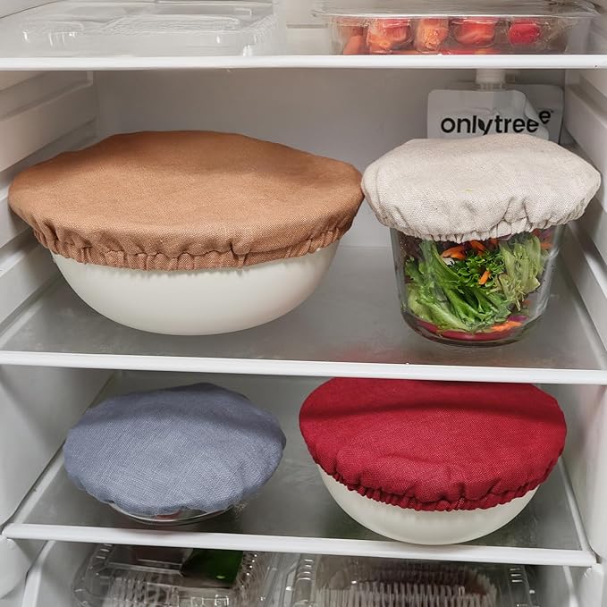 100% Pure Linen Bowl Covers For Bread Proofing, 4 Pcs Elastic Reusable Solid Color Cloth Fabric Bowl Covers,XL Organic Washable Large Stretch Sourdough Lids 6 * 8 * 10 * 12 Inches, Linen