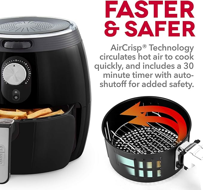 Dash Deluxe Air Fryer -Has AirCrisp® Technology - Adjustable Temperature Control & Auto Shut-Off Feature - Compact Nonstick Basket - 3 Quarts - Black