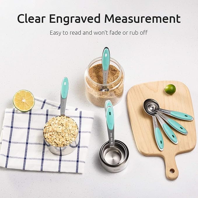 U-Taste 18/8 Stainless Steel Measuring Cups and Spoons Set of 10 and 600ºF Heat Resistat Silicone Flexible Baking Spoon Spatula & Cooking Scoop Spoonula (Aqua Sky)