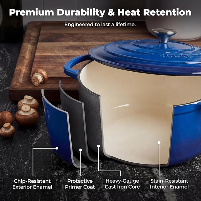Zulay Kitchen 5 Quart Enameled Cast Iron Dutch Oven Pot with Lid – Premium Durability & Oven Safe up to 500°F – Heavy Duty Cookware Perfect for Bread Baking, Stews, Braising & Roasting – Blue