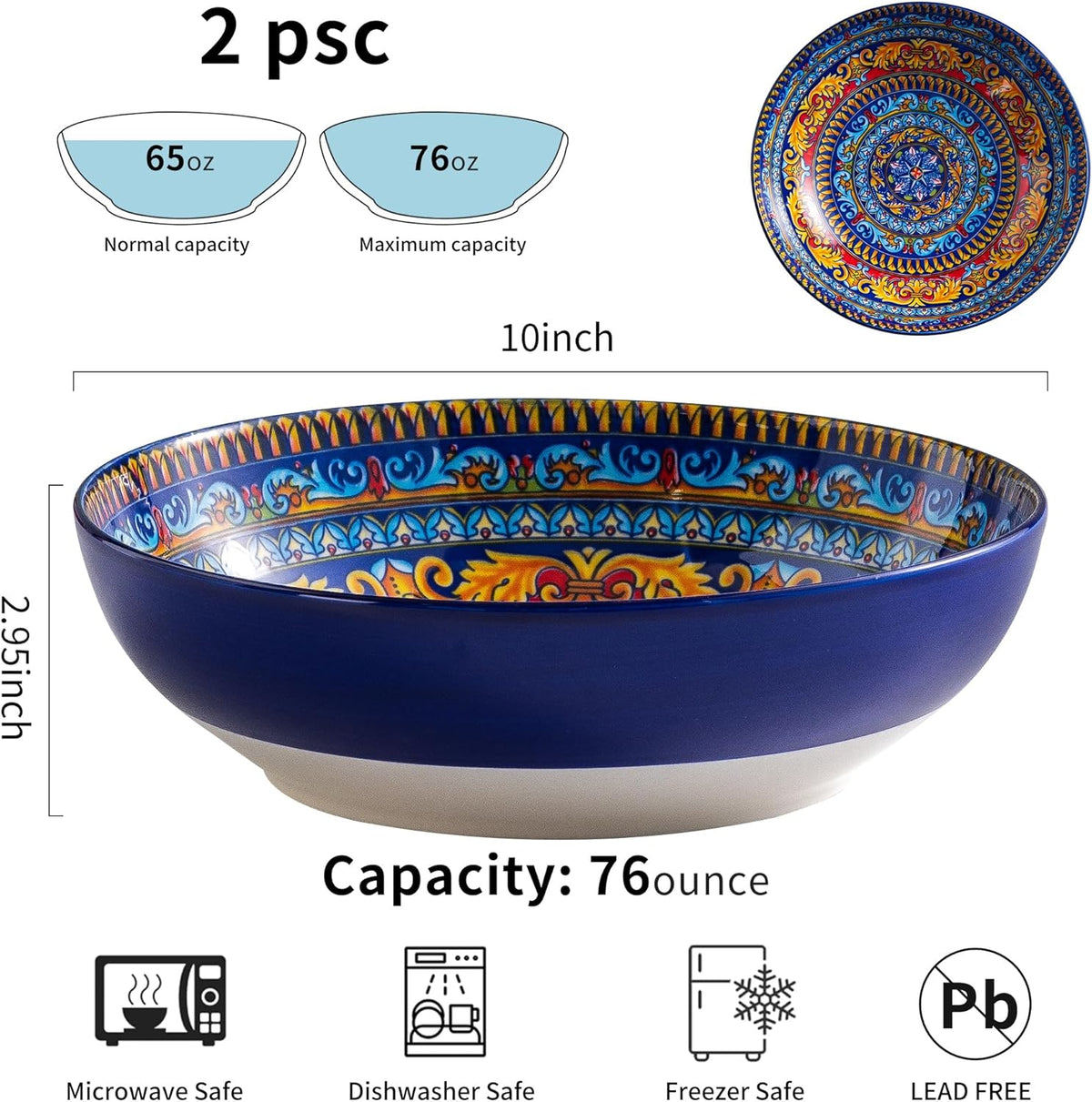 Large Serving Bowls Set of 2, Bohemian Style 10" Large Ceramic Bowls for Entertaining and Party, Bowls for Pasta Soup Fruit Ramen Cereal, Dishwasher Oven Safe