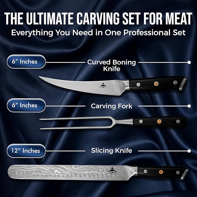 Brisket Knife Set for Meat Carving & BBQ - 12" Slicing Knife, 6" Boning Knife & Carving Fork for Smooth Meat Cutting, Full Tang & Ergonomic - Razor Sharp German Steel, Grilling Gifts for Men