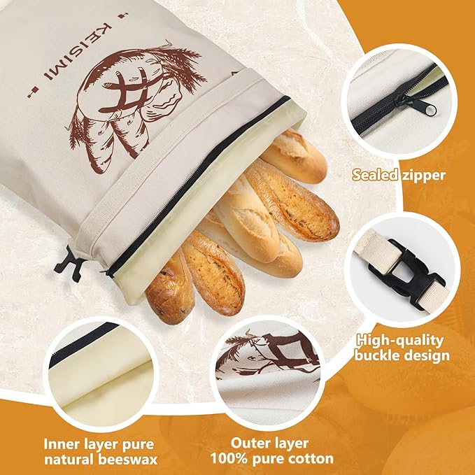 Reusable Bread Bags for Homemade Bread, 2 Pack Beeswax Bread Bags for Sourdough, Cotton Linen Food Storage Bag to Keep Fresh - Extra Large with Zipper（Only One Bag Had Zipper) -17 x 13inch