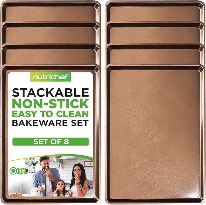 NutriChef 8-Pack Nonstick XL Cookie Sheets for Baking - 22" x 16" Extra Large Carbon Steel Oven Baking Trays - Non Stick Coating, Stackable Baking Pans