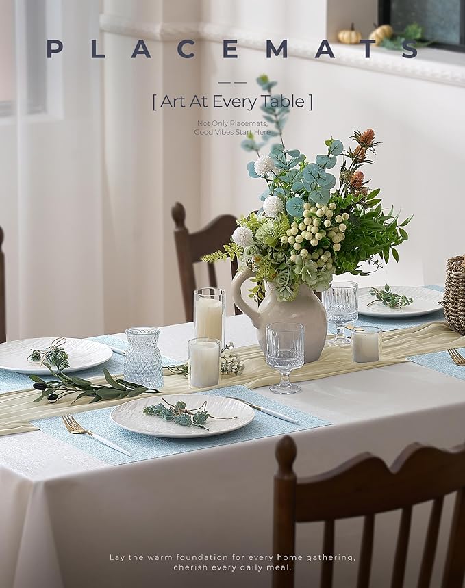 Leetaltree Soft Sky Blue Woven Placemats Set of 6 - Heat Resistant Non-Slip Place mats for Dining Table, Washable Durable PVC Vinyl Woven Table Mats(Sky Blue, 6)