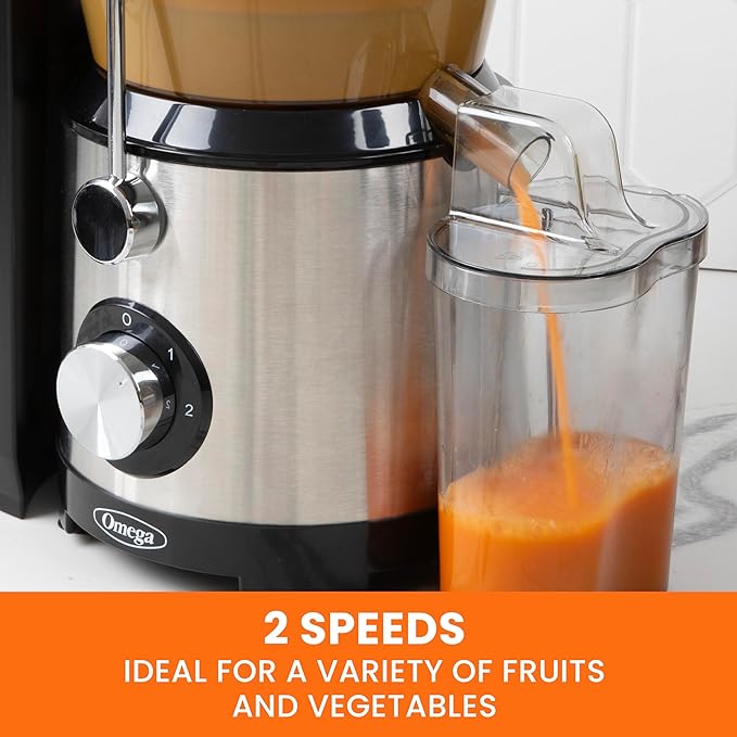 Omega Centrifugal Juicer with 3-Inch Wide Chute High Speed Extractor For Fruits and Vegetables, Features 2 Speeds Stainless Steel Filter and Large Pulp Container, 1000-Watts, Black