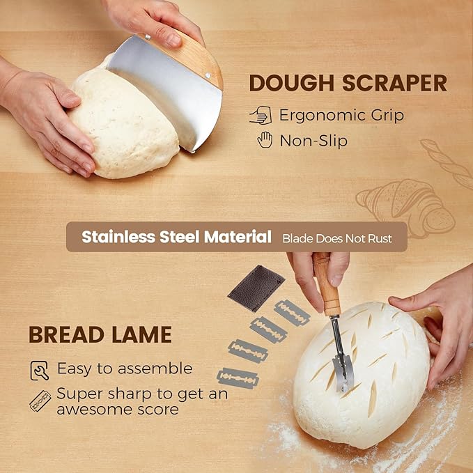 Banneton Bread Proofing Baskets and Sourdough Bread Baking Supplies - Sourdough Starter Kit 10" Oval Set of 2, 6 Accessories