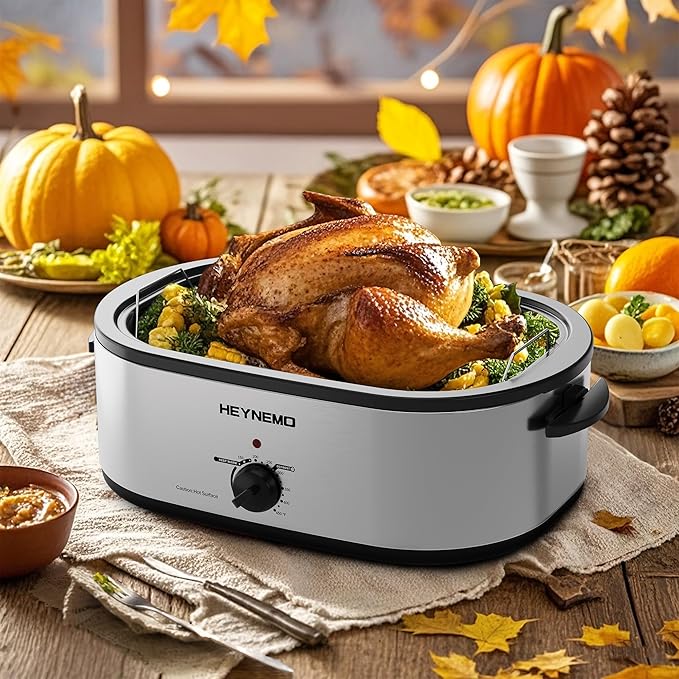 20 Quart Electric Roaster Oven with Self-Basting Lid, Turkey Roaster with Defrost Warm Function, Adjustable Temperature, Removable Pan Rack, Stainless Steel, Silver