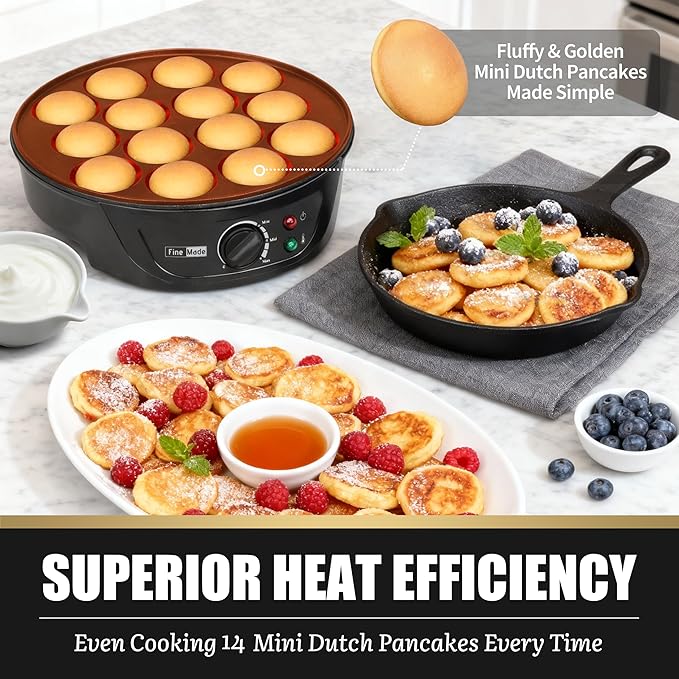 FineMade Non Stick Mini Pancakes Maker Machine, Electric Poffertjes Pan with Browning Control, Small Ebelskiver Aebleskiver Pan, Dutch Mini Pancake Maker, with Brush & Forks, 14 Slots, Black