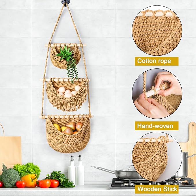 Lawei 3 Tier Hanging Fruit Basket, Wall Hanging Vegetable Fruit Baskets Cotton Woven Storage Baskets for Organizing, BOHO Wall Basket Decor, Over the Door Organizer for Kitchen, Bedroom, Bathroom