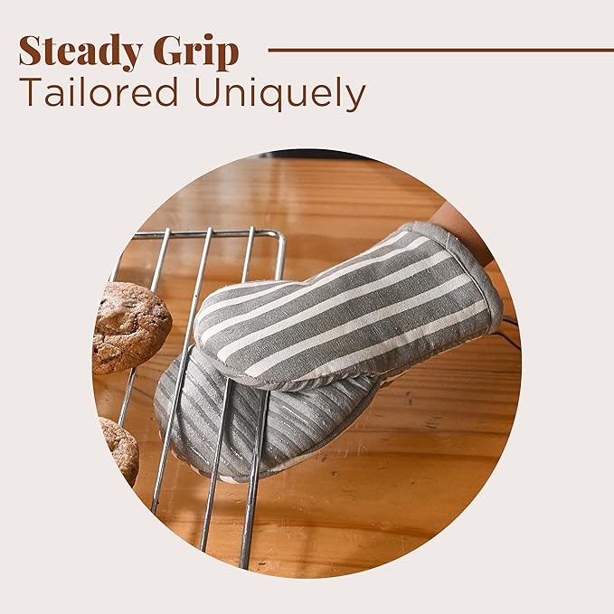 Folkulture Oven Mitts - Set of 2 (5.75"x9") | Gray Striped Oven Mitts with Hanging Loop for Cooking Gifts for Women, Kitchen Decor| 100% Cotton, Silicone Heat Resistant Mini Mitts, House Warming Gifts