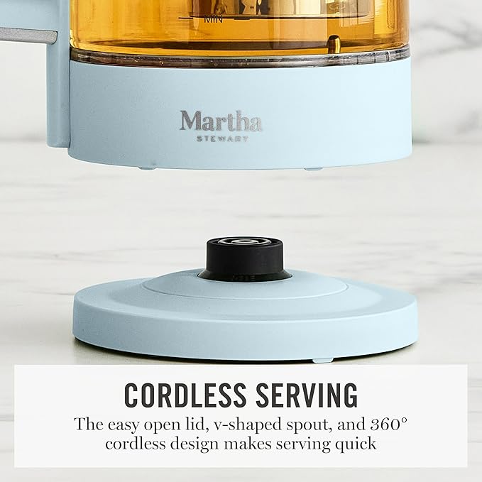 Martha Stewart Electric Kettle with Removable Stainless Steel Tea Infuser, Glass Carafe 1.7L (7 Cups), Hot Water Boiler, 4 Presets, Keep Warm & Auto Shut-Off, Cordless 360° Swivel Base, Sky Blue