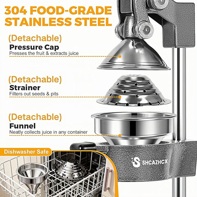Cast Iron Juicer, Manual Citrus Press, Heavy Duty Hand Press Fruit Squeezer with Stable Base & Maximum Juice Yield for Orange Lemon Lime Pomegranate, Silver