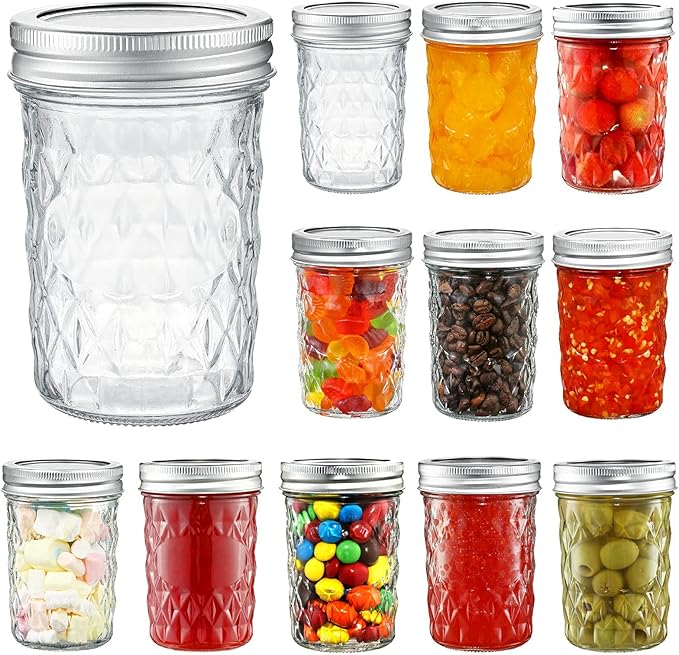 YEBODA 12 Pack Mason Jars 8 oz Glass Jars with Lids and Bands Canning Jars Ideal for Preserving, Jam, Honey, Jelly, Wedding Favors, Shower Favors, Sauces, Yogurt, DIY Spice Jars