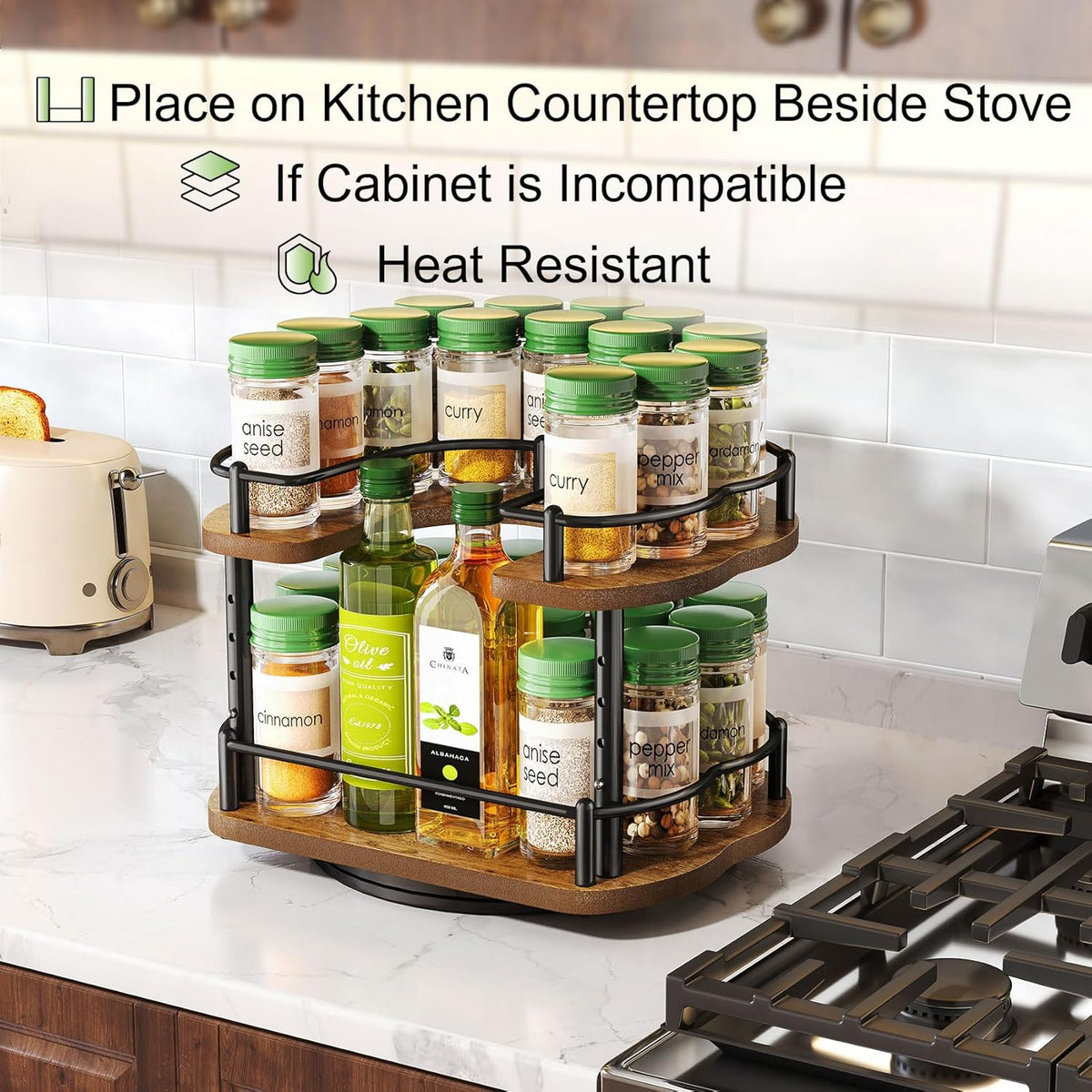 SNTD Spice Rack Organizer for Cabinet - Height Adjustable Rotating Lazy Susan, Wooden Spice Organization for Tabletop, Pantry, or Kitchen Counter, Fits Cabinets Over 11" Wide and 10.3" High