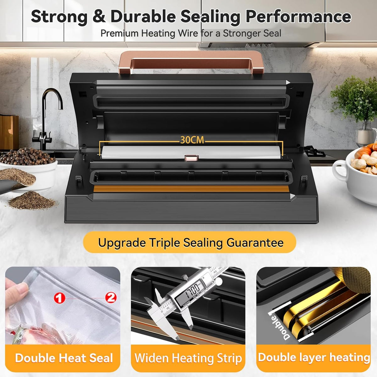 2025 Black Stainless Steel Food Vacuum Sealer, VACAPEX Deluxe Vacuum Sealer Machine with 11" Double Heat Seal and Automatic One-Touch System, Bags Storage & Cutter, Easy-Lock Handle with 2 Bag Rolls