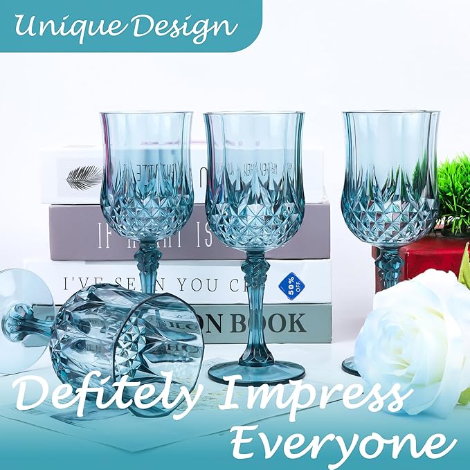 Plastic Wine Glasses, Plastic Goblets Vintage Style Cordial Unbreakable Drinking Glasses, Reusable Drinkware for Wedding Reception, Grand Event Party Supplies (24, Dusty Blue)