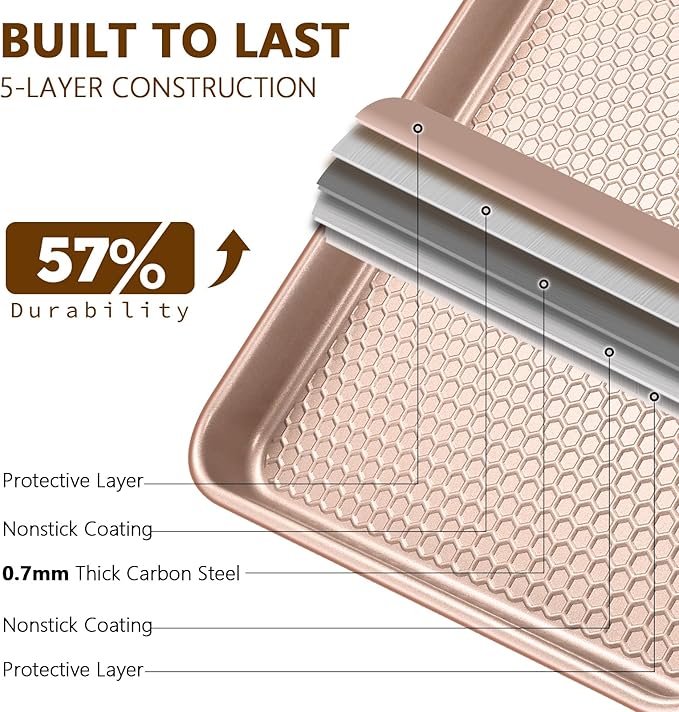 Wildone Baking Sheet Pan Set, Honeycomb Embossed Nonstick Baking Sheet 15x10 In, Thicker Carbon Steel Cookie Sheet, Even Heating Jelly Roll Pan, Rose Gold, 2 Pack