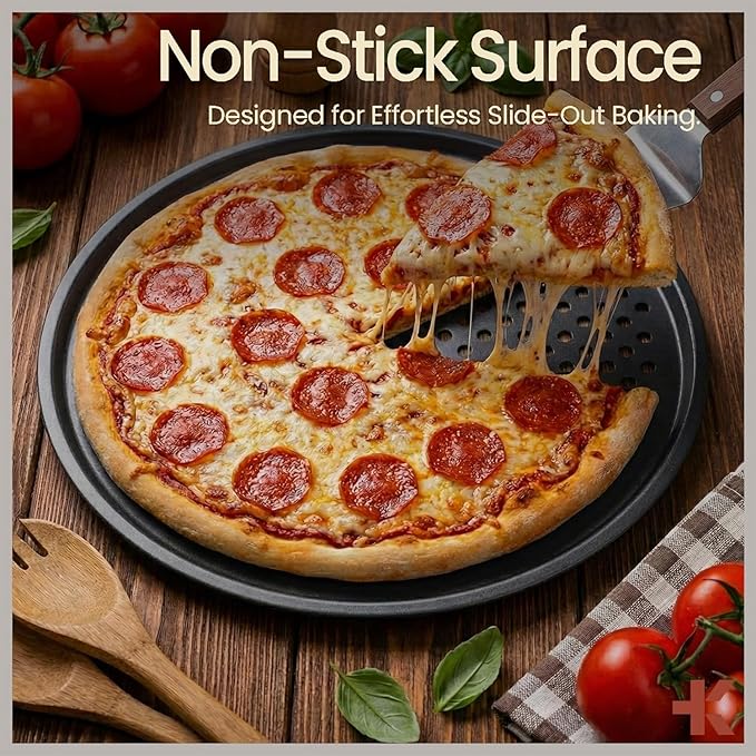 Bakken Pizza Baking Pan - Round Perforated Carbon Steel Pan with Non-Stick Marble Coating, Oversized Silicone Handle, Dishwasher Safe, High-Temperature Resistant, Durable & Easy Cleanup Gray, 1 Tray