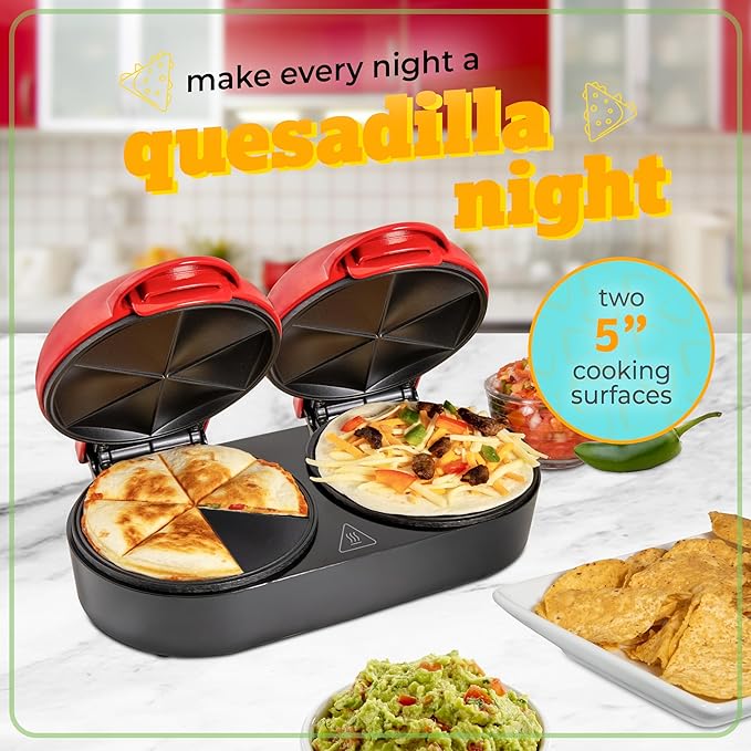 Nostalgia Taco Tuesday Double Street Taco Quesadilla Maker – Two Side-By-Side 5 Inch 6 Wedge Cooking Surface for Beef, Steak, Chicken, Bean, Veggie, and Cheese Street Taco-Sized Quesadillas - Red