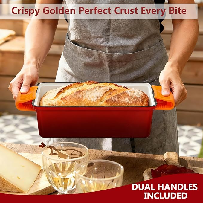 Wildone Enameled Cast Iron Bread Loaf Pan with Lid, 9x5 Sourdough Baking Pans for Homemade Bread, Cake, Meatloaf, Even Heating Bread Pans, 2-Piece Set, Red