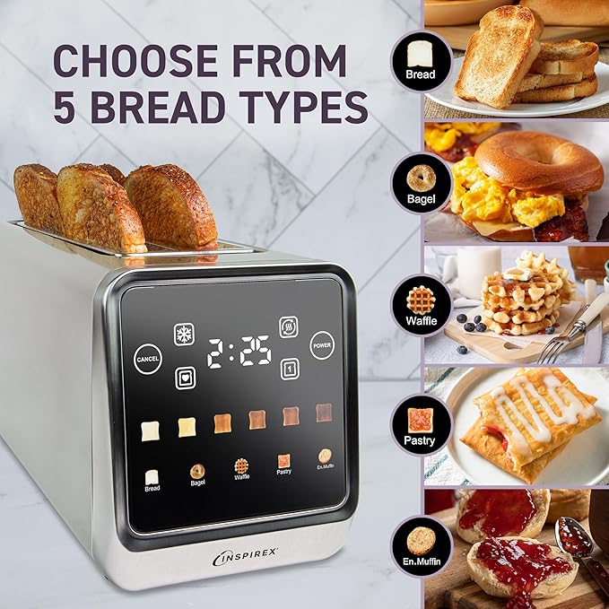 Inspirex Touch Screen Toaster - 4 Slice Long Extra-Wide Slots - 5 Bread Type and 6 Browning Levels - Defrost, Reheat, Favorite, Single Slot Settings - Stainless Steel