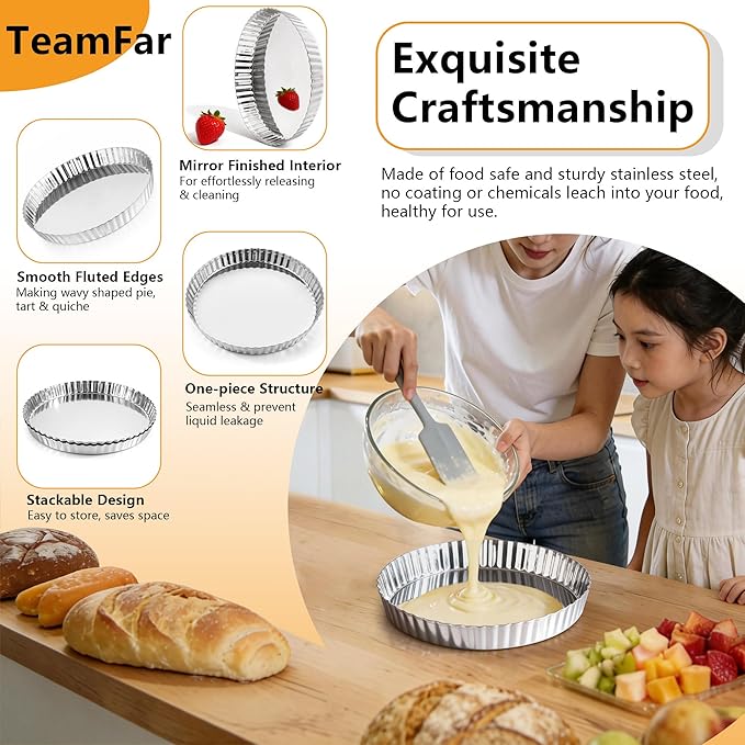 TeamFar 2 Pack Tart Pans, 9.5 Inch Stainless Steel Round Tart Pie Pan, Metal Quiche Baking Dish with Fluted Side for Baking Fruit Tarts, Quiches, Pies, Mousse Cakes, Heavy Duty & Dishwasher Safe