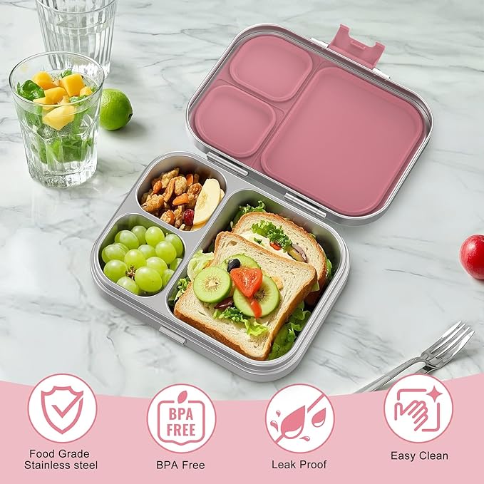 LOHASOK Stainless Steel Bento Lunch Box, 3-Compartment Food Container Large 800ML Metal Bento Box for Kids or Adults with Lockable Clips to Leak Proof Pink