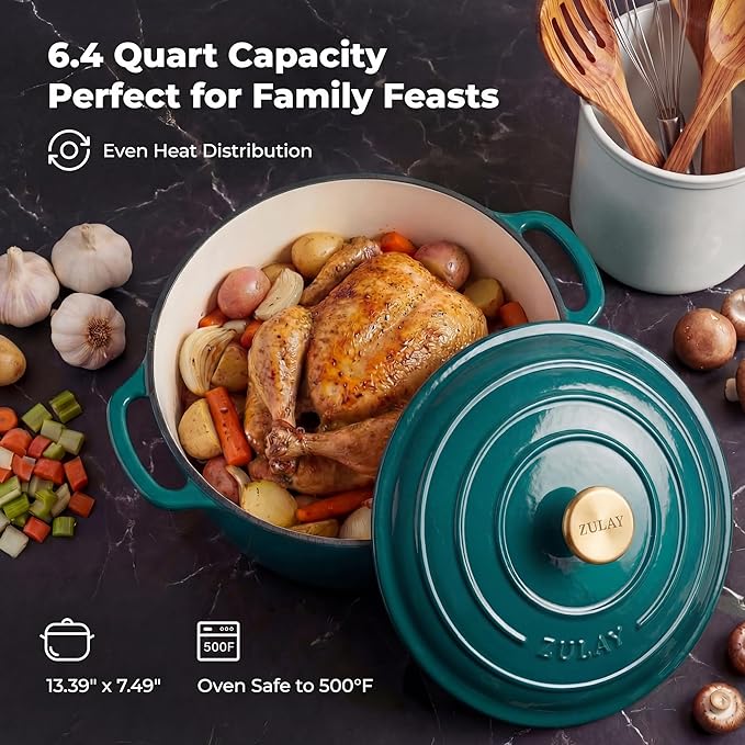 Zulay Kitchen 6.4 Quart Enameled Cast Iron Dutch Oven Pot with Lid Oven Safe up to 500°F. Heavy-Duty Enameled Cast Iron for Sourdough Bread Baking, Stews, Braising & Roasting, Soup Pot with Lid - Emerald