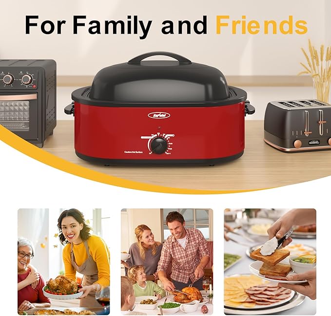 Royalcraft Roaster Oven with Self-Basting Lid, 18qt Electric Roaster with Removable Pan & Rack, Turkey Roaster Oven with Defrost & Warm Function, Stainless Steel, Red