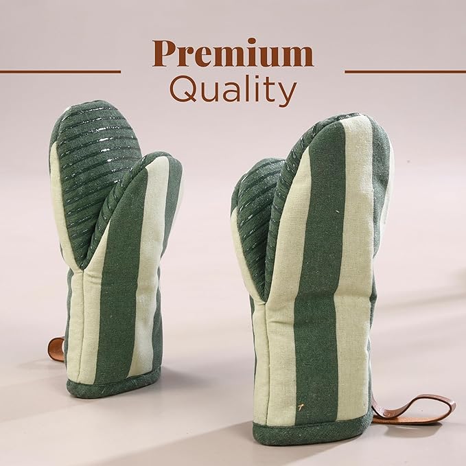 Folkulture Oven Mitts - Set of 2 (5.75"x9") | Oven Mitts with Hanging Loop for Cooking Gifts for Women, Kitchen Decor| 100% Cotton, Silicone Heat Resistant Mini Mitts (Matcha)
