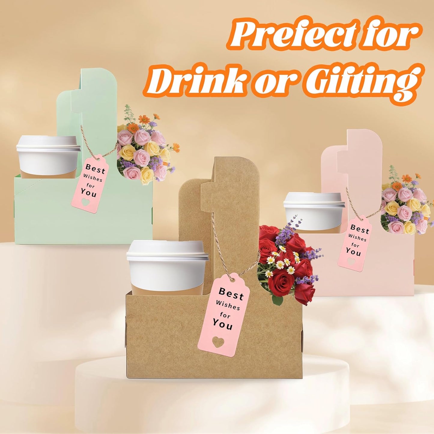2 Cup Drink Carrier,32 Pack Coffee Cup Holders with Handle,Cardboard Cup Holders for Hot or Cold Drinks,Coffee Carrier with Ribbon and Card,Food Delivery Services and Bouquet(Pink)