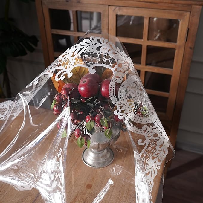 Rectangle Waterproof Clear Table Cover Protector Vinyl Table Cloth Oil Spill Proof Wipe Clean Lace Plastic Tablecloths for Dining Tables (White, 60 x 104 Inches)
