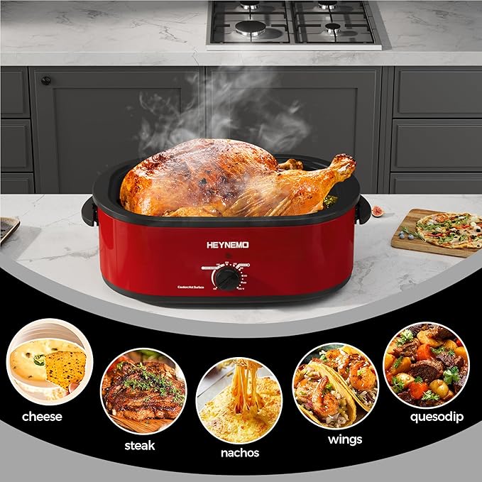 20 Quart Roaster Oven，Electric Turkey Roaster Oven with Defrost & Warm Function, Adjustable Temperature, Removable Pan & Rack, Stainless Steel, Red