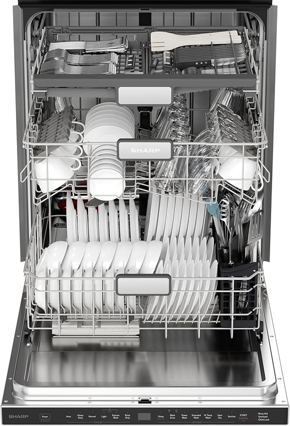 Sharp SDW6726MS 24-inch Stainless Steel Dishwasher, 47 dB Library Quiet, Third Rack, Power Wash Sprayer, 12 Place Settings,