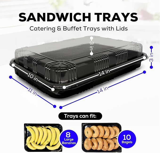 10 Pack Catering Trays with Lids – 15" Serving Tray with Lid, Heavy Duty Recyclable Plastic Party Platters for Catering, Buffet, Picnics & Events – Food Tray with Clear Lid (15.35 × 11.42 × 2.95 inch)