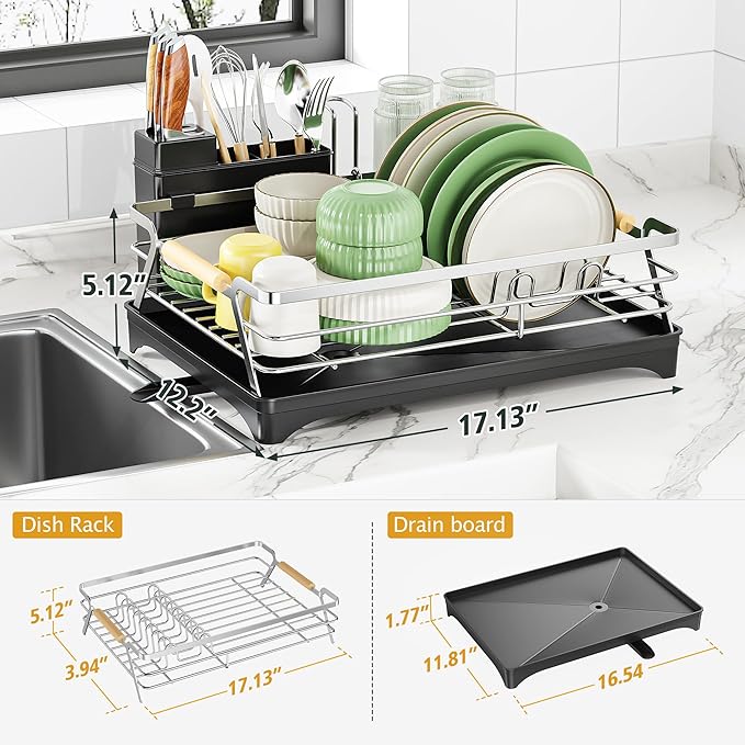 Epicano Dish Drying Rack for Kitchen Counter,Space-Saving Dish Rack,Rustproof Dish Drainer with Utensil Holder and Knife Slots for Sink,Kitchen Drying Rack with Wooden Handle and Cup Holder, Silver