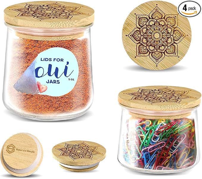 Mandala Bamboo Oui Yogurt Jar Lids – 4 Pack | Reusable Bamboo Tops for Yoplait Oui Glass Jars | Airtight Oui Yogurt Jar Covers with Silicone Seal | Replacement Lids for Oui Yogurt Storage Containers