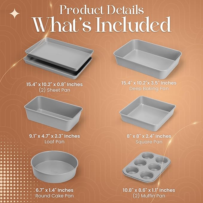 Nonstick Bakeware Set 8 Piece - Stackable Baking Pan Set, Oven safe 450°F, Carbon Steel Baking Set with Muffin, Loaf, Cookie Sheets & Roaster, Easy Storage, BPA-Free (Gray)