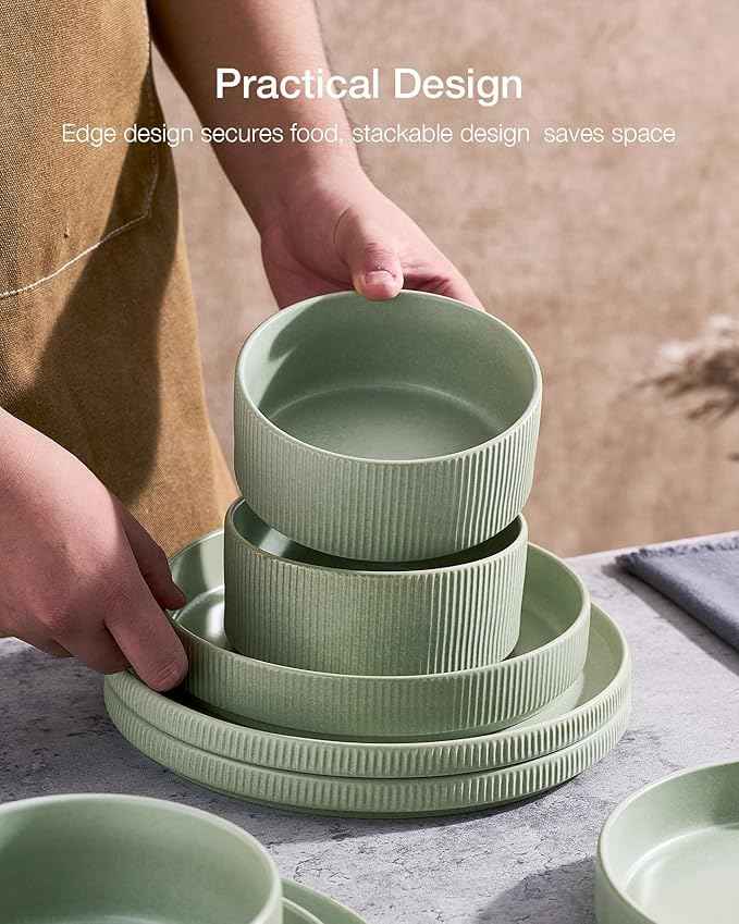 Famiware Star Stoneware Dinnerware Sets for 4 (16pcs), Chip Resistant, Microwave and Dishwasher Safe Complete Dishes, Pasta Bowl, Cereal Bowl, Dinner Plate, Salad Plate, Ribbed, Matte Sage Green