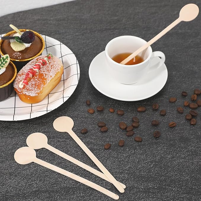 Mozeat Lens 6 Inch Disposable Milk Drink Stirrers Wooden Coffee Stirrers Stir Sticks with Round Ends Wooden Coffee Stirrer Sticks for Coffee Milk Cocktail Tea (100PCS)