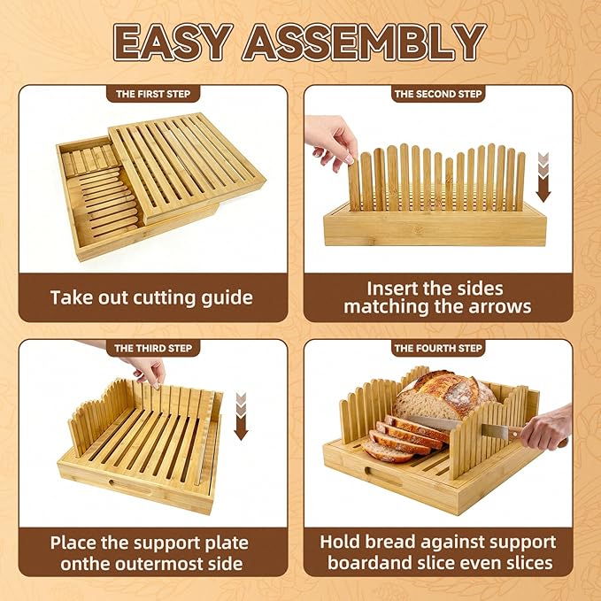 Adjustable bread slicer and multi-purpose tray for slicing handmade bread, sourdough, large loaves, baguettes, and other homemade breads. Suitable for home bakers and bread enthusiasts.