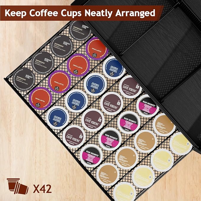 Homsorout Coffee Bar Organizer - Coffee Station for Countertop, Metal and Wood K Cup holder Storage Basket with Drawer for Syrup, Cups, Stirrer, Condiment, Tea Organizer, Black