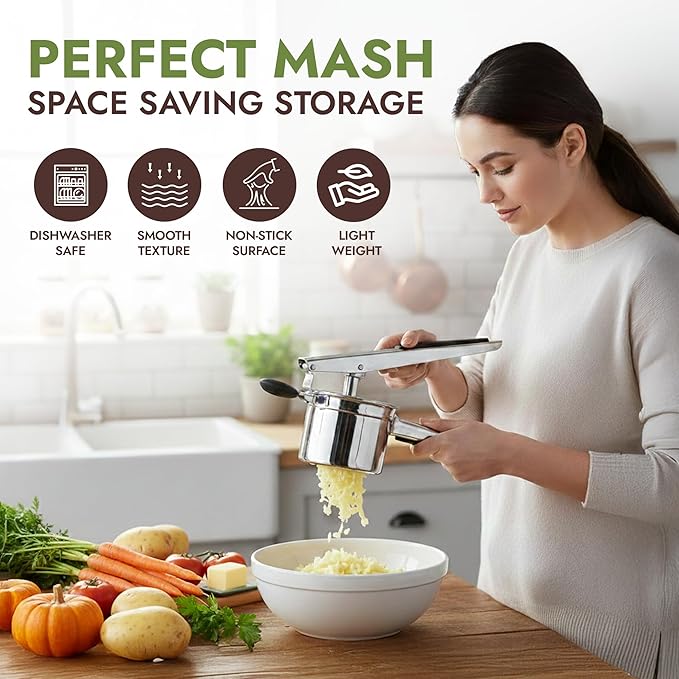 Large 15oz Potato Ricer with 3 Discs - Heavy Duty Stainless Steel Potato Masher and Ricer for Mashed Potatoes | Non Slip Baby Food Squeezer, Kitchen Gadget Tool for Food Press & Food Mill