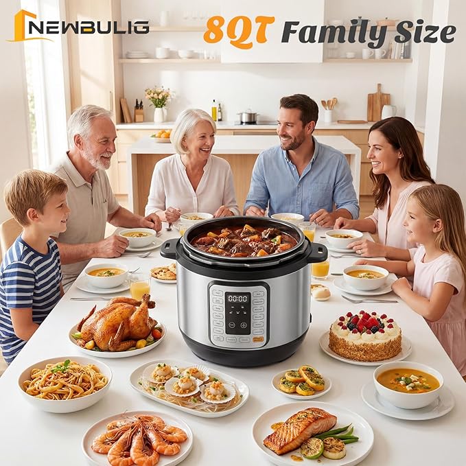 NEWBULIG 16-in-1 Electric Pressure Cooker, 8QT Multi Cooker with 12 Presets, Slow Cook Rice Steamer Sauté Soup Meat Stew Canning Yogurt Maker, Ceramic Inner Pot & Recipe Book Included, Silver