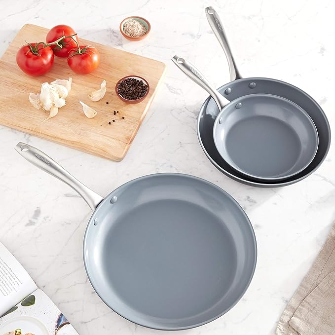 GreenPan Lima Hard Anodized 8" 10" & 12" Frying Pan Skillet Set, Ceramic Nonstick, PFAS-Free Nontoxic Pots & Pans, Oven & Broiler Safe, Stainless Steel Handles, Cookware for Eggs & Omelet, Gray