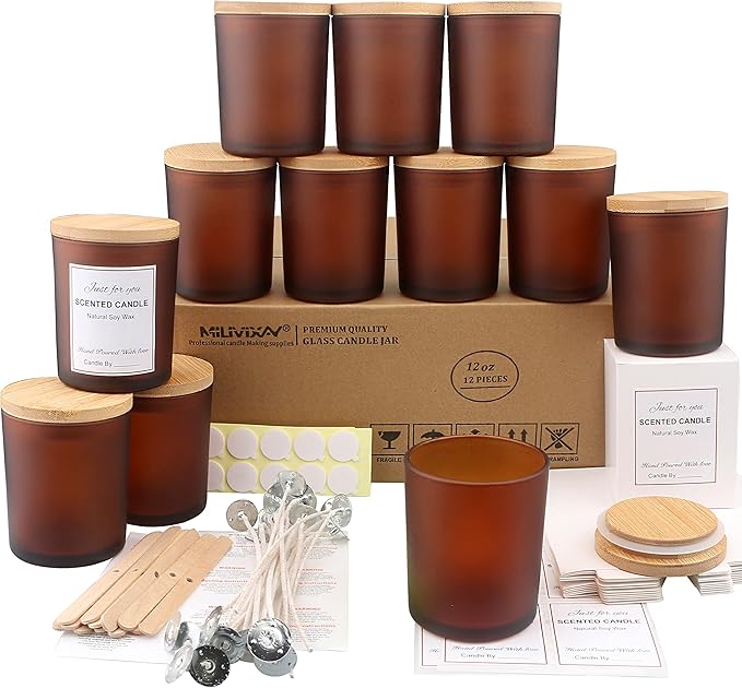 MILIVIXAY 12 Pack 12 OZ Frosted Amber Glass Candle Jars with Lids and Candle Making Kits - Bulk Empty Candle Jars for Making Candles - Spice, Powder Containers.